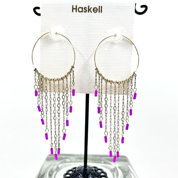 NWT - Haskell - Large Gold Tone Hoop Pink Beaded Chain Dangle Earrings - Picture 1 of 8